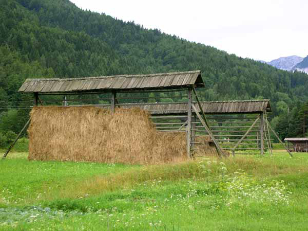 Kozolec (Gestell zum trocknen von Heu) bei Gozd-Martuljek nahe Kranjska Gora (Slowenien, Slovenija, Slovenia, Slovenie)